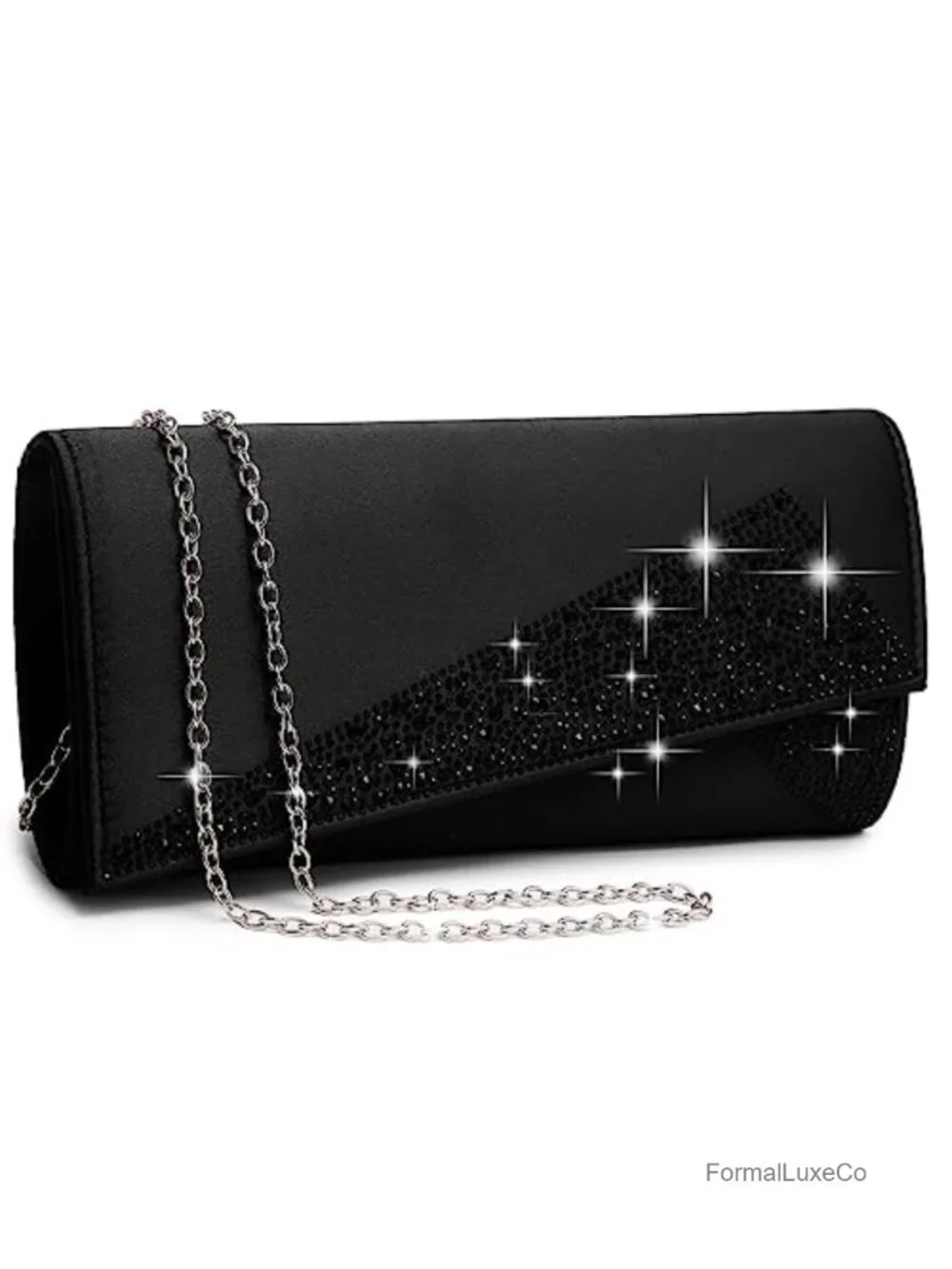 Satin Rhinestone Sparkle Clutch Evening Bag with Chain Strap